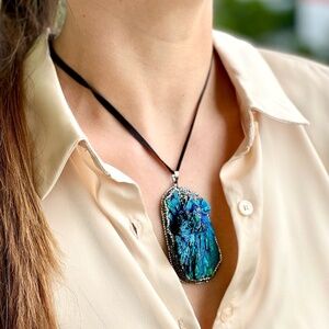 Blue peacock rainbow kyanite necklace with Swarovski crystals, natural stones